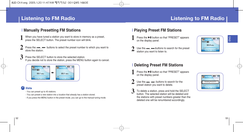 Listening to fm radio, Imanually presetting fm stations | Samsung YH-820MW-XAA User Manual | Page 27 / 36