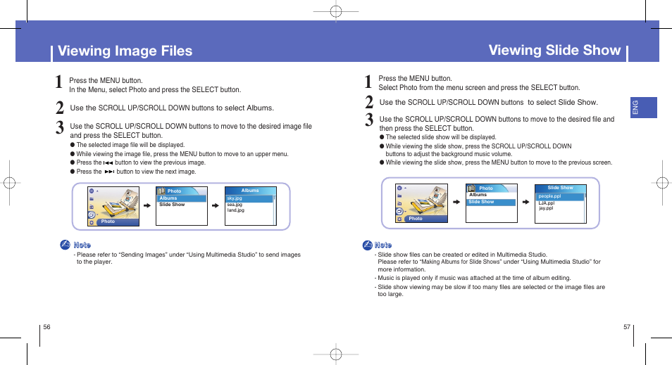 Viewing image files, Viewing slide show | Samsung YH-820MW-XAA User Manual | Page 29 / 36