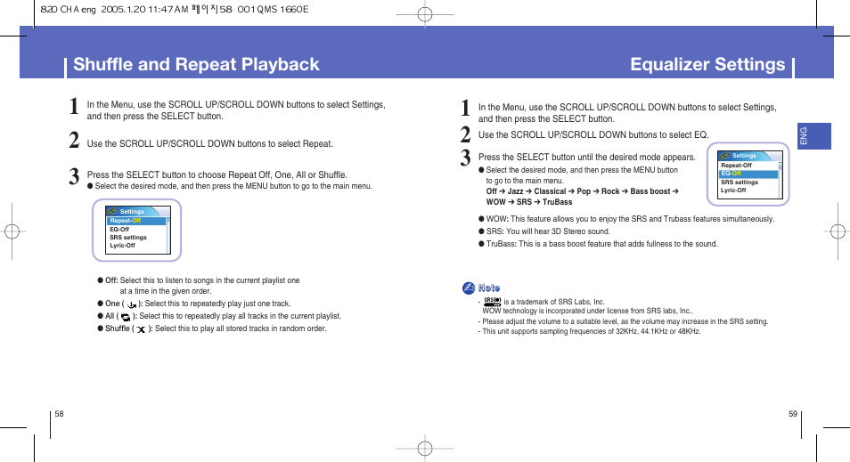 Additional features, Shuffle and repeat playback, Equalizer settings | Samsung YH-820MW-XAA User Manual | Page 30 / 36