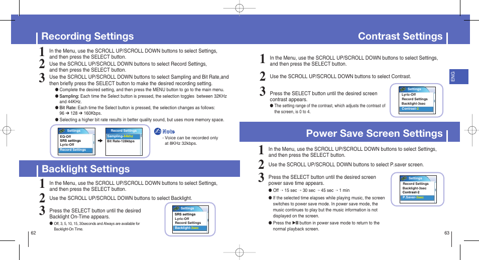 Recording settings, Backlight settings, Contrast settings | Power save screen settings | Samsung YH-820MW-XAA User Manual | Page 32 / 36