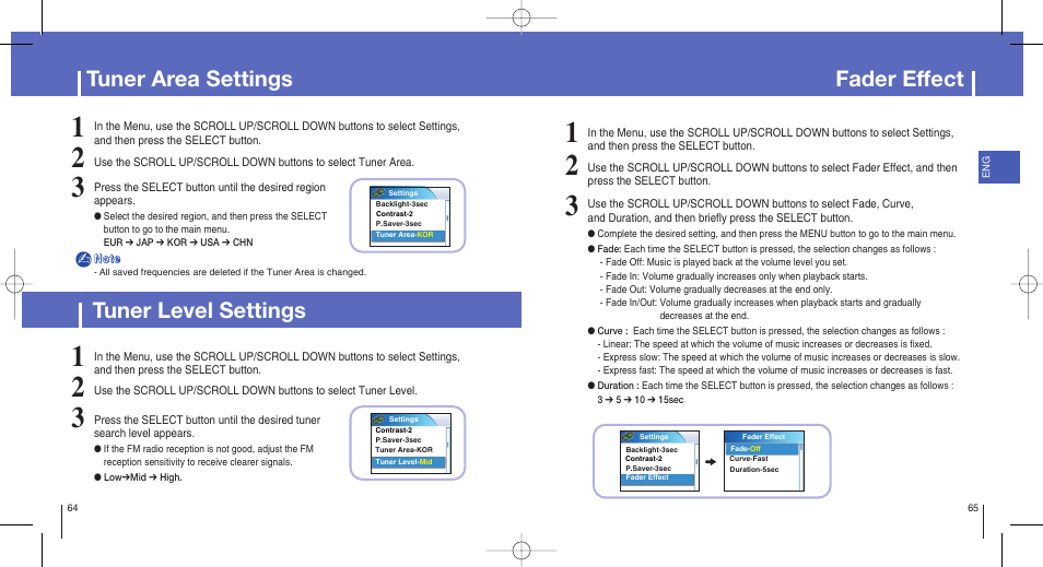 Tuner area settings, Tuner level settings, Fader effect | Samsung YH-820MW-XAA User Manual | Page 33 / 36