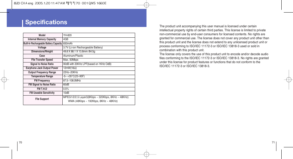 Specifications | Samsung YH-820MW-XAA User Manual | Page 36 / 36