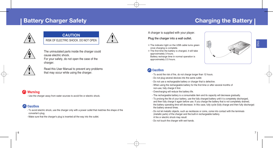 Battery charger safety, Charging the battery, Caution | Samsung YH-820MW-XAA User Manual | Page 4 / 36