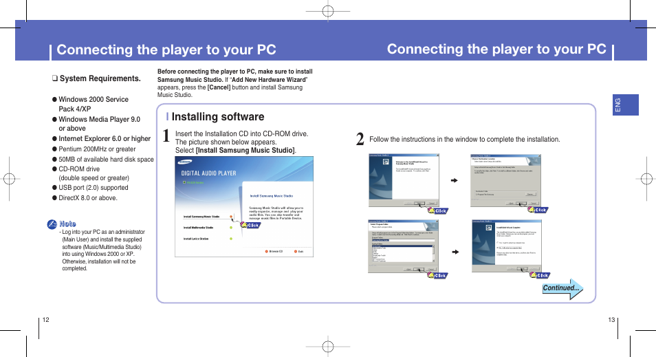 Connection to computer, Connecting the player to your pc, Iinstalling software | Samsung YH-820MW-XAA User Manual | Page 7 / 36