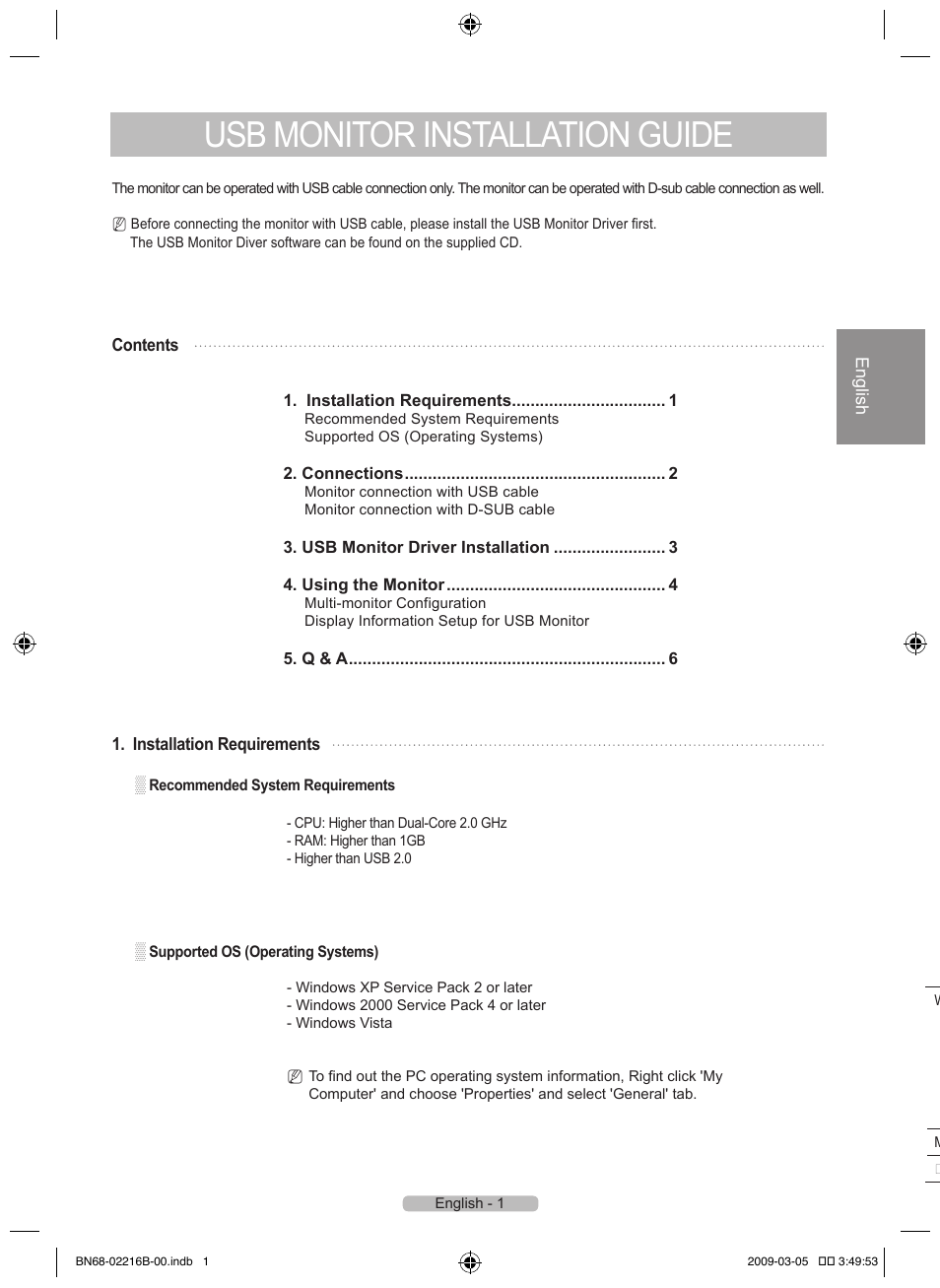 English, Usb monitor installation guide | Samsung LS22LFUGFT-ZA User Manual | Page 3 / 28