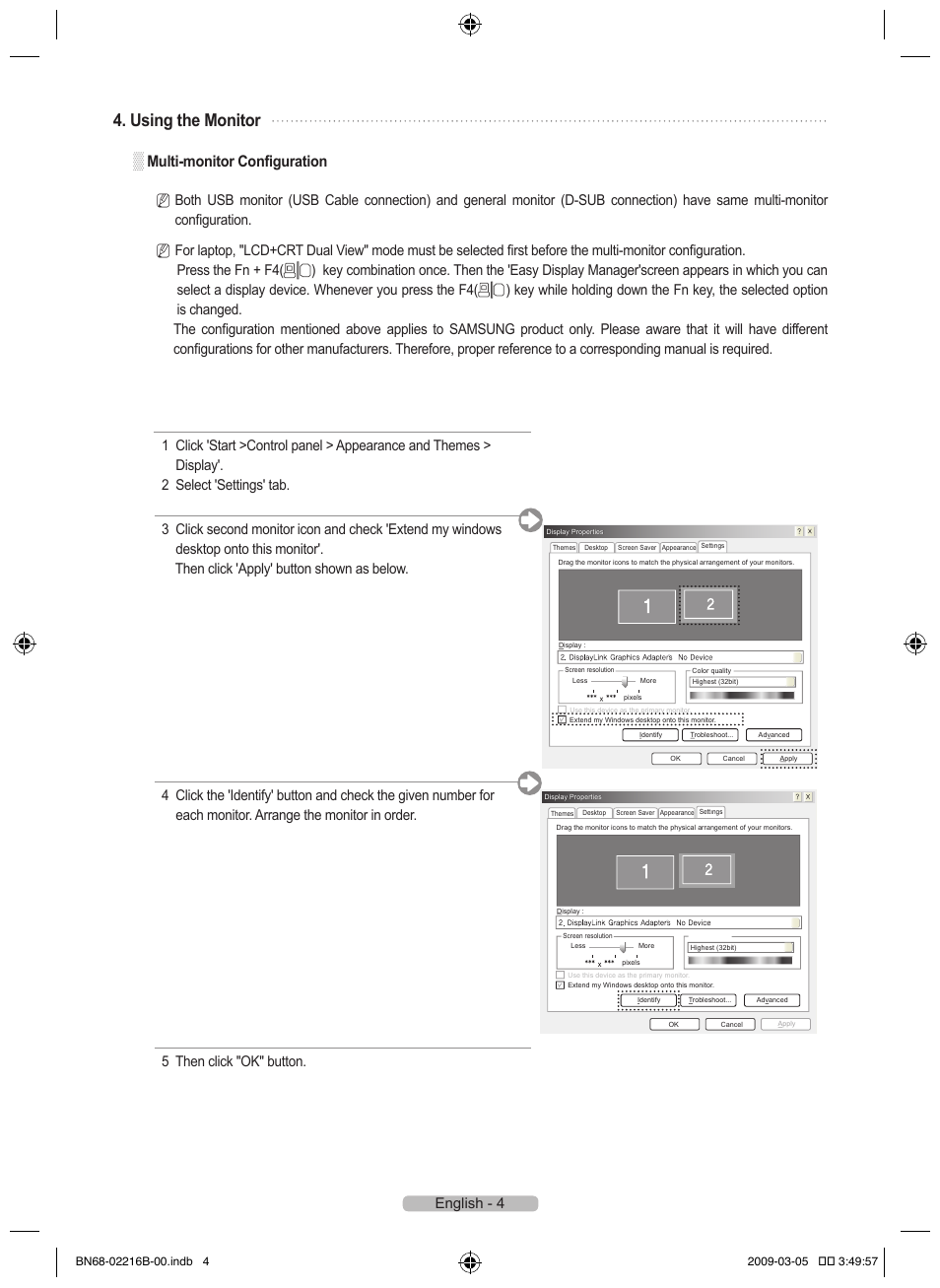 Using the monitor, Multi-monitor configuration, English - 4 | 5 then click "ok" button | Samsung LS22LFUGFT-ZA User Manual | Page 6 / 28