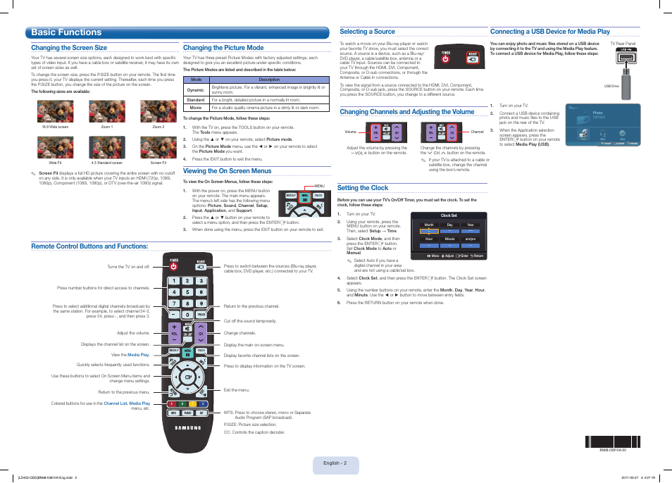 Basic functions, Setting the clock, Connecting a usb device for media play | Remote control buttons and functions, Changing the picture mode, Viewing the on screen menus, Changing the screen size, Selecting a source, Changing channels and adjusting the volume | Samsung LN32D403E2DXZA User Manual | Page 2 / 2