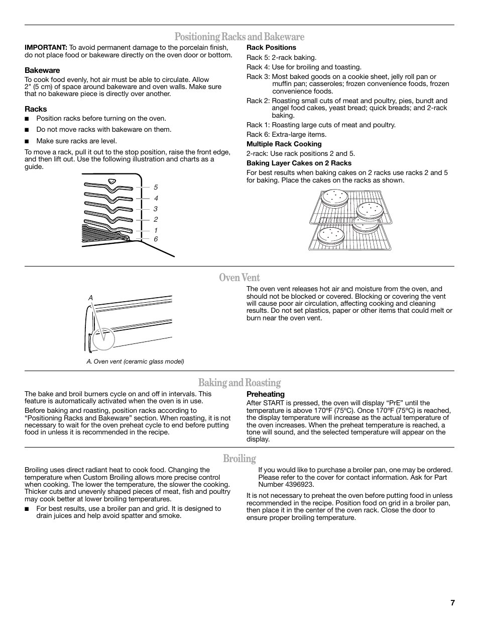 Positioning racks and bakeware, Oven vent, Baking and roasting | Broiling | Amana AGR5844VDW User Manual | Page 7 / 12