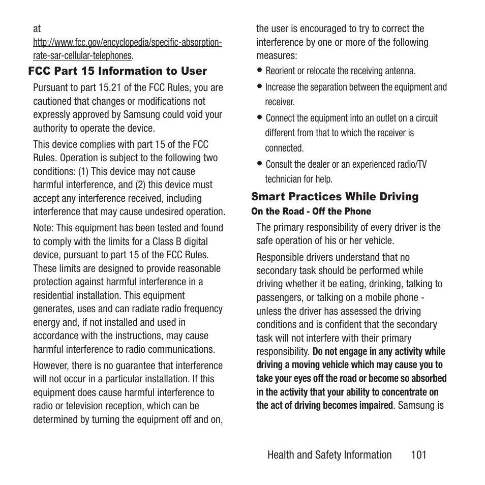 Fcc part 15 information to user, Smart practices while driving | Samsung SGH-A157ZKAATT User Manual | Page 105 / 136