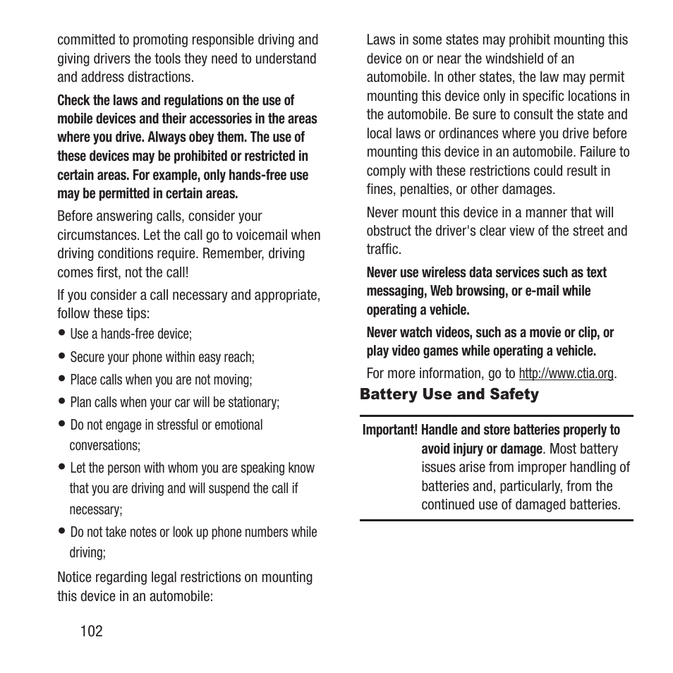 Battery use and safety | Samsung SGH-A157ZKAATT User Manual | Page 106 / 136