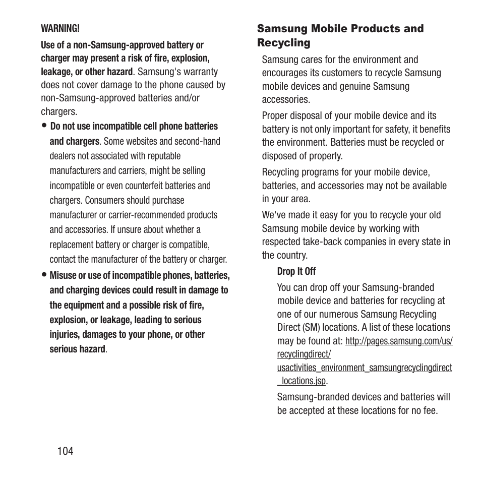 Samsung mobile products and recycling, Samsung mobile products and, Recycling | Samsung SGH-A157ZKAATT User Manual | Page 108 / 136