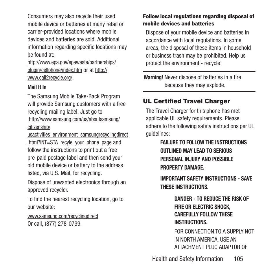 Ul certified travel charger | Samsung SGH-A157ZKAATT User Manual | Page 109 / 136
