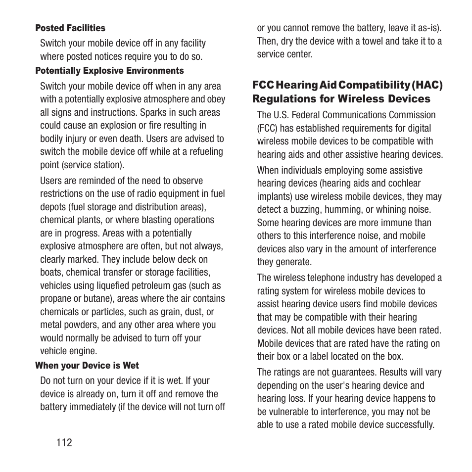 Fcc hearing aid compatibility (hac), Regulations for wireless devices | Samsung SGH-A157ZKAATT User Manual | Page 116 / 136