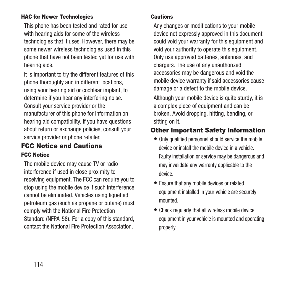 Fcc notice and cautions, Other important safety information | Samsung SGH-A157ZKAATT User Manual | Page 118 / 136