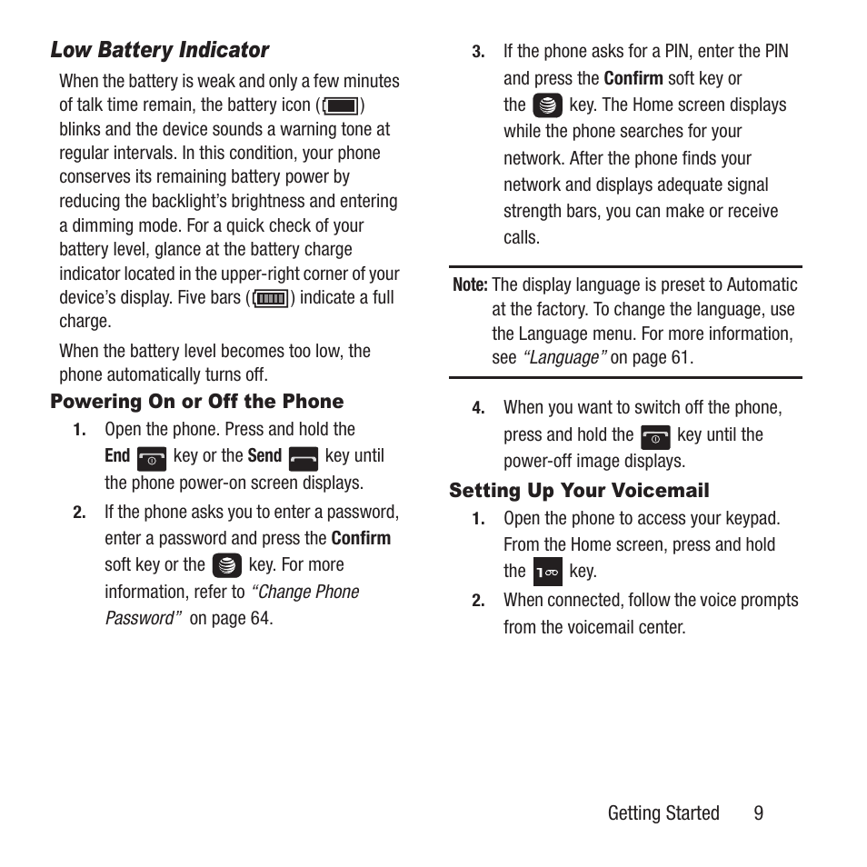 Powering on or off the phone, Setting up your voicemail, Low battery indicator | Samsung SGH-A157ZKAATT User Manual | Page 13 / 136