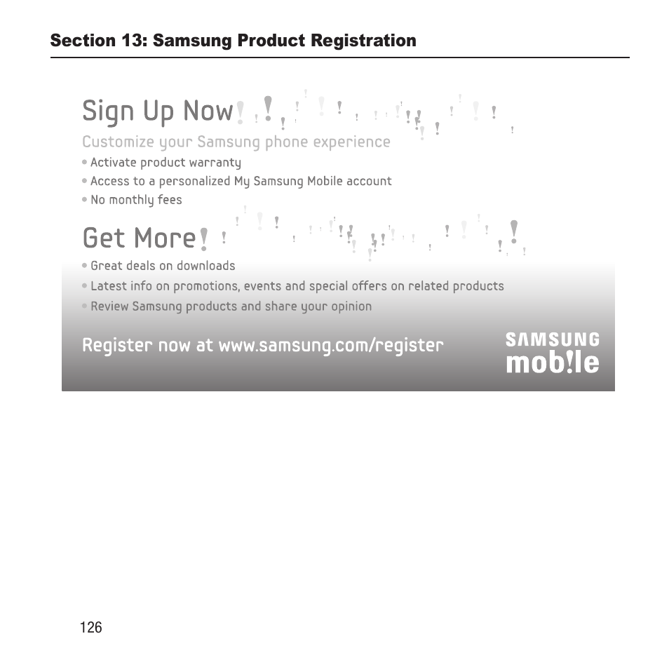 Section 13: samsung product registration, Section 13: samsung product, Registration | Samsung SGH-A157ZKAATT User Manual | Page 130 / 136