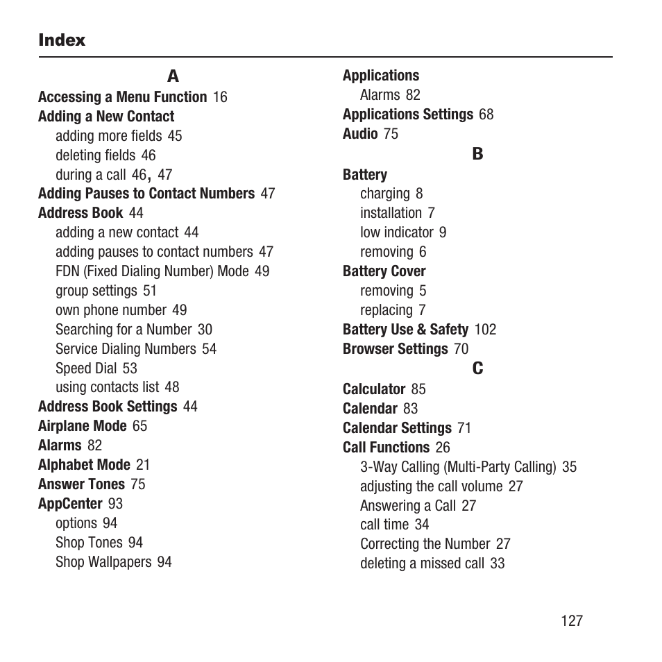 Index | Samsung SGH-A157ZKAATT User Manual | Page 131 / 136