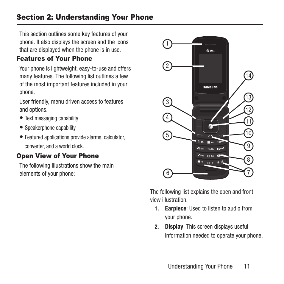 Section 2: understanding your phone, Features of your phone, Open view of your phone | Section 2: understanding your, Phone, Features of your phone open view of your phone | Samsung SGH-A157ZKAATT User Manual | Page 15 / 136