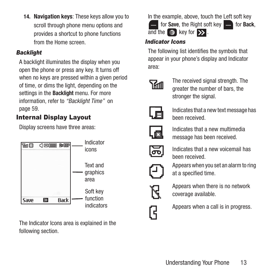 Internal display layout | Samsung SGH-A157ZKAATT User Manual | Page 17 / 136