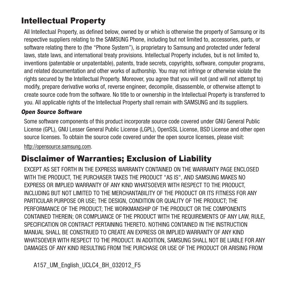 Intellectual property, Disclaimer of warranties; exclusion of liability | Samsung SGH-A157ZKAATT User Manual | Page 2 / 136