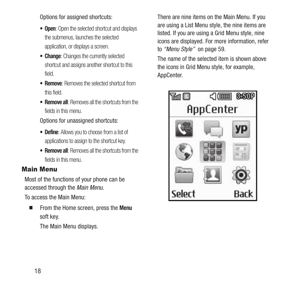 Main menu | Samsung SGH-A157ZKAATT User Manual | Page 22 / 136