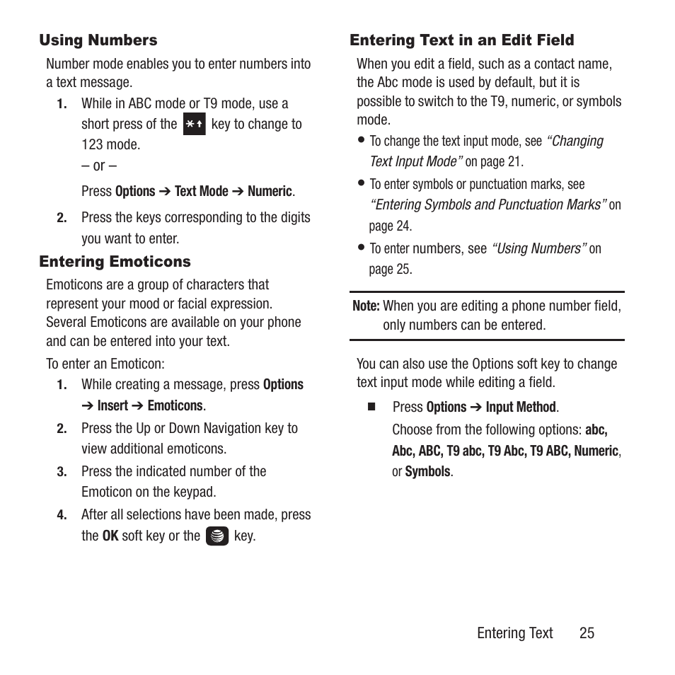 Using numbers, Entering emoticons, Entering text in an edit field | Entering emoticons entering text in an edit field | Samsung SGH-A157ZKAATT User Manual | Page 29 / 136