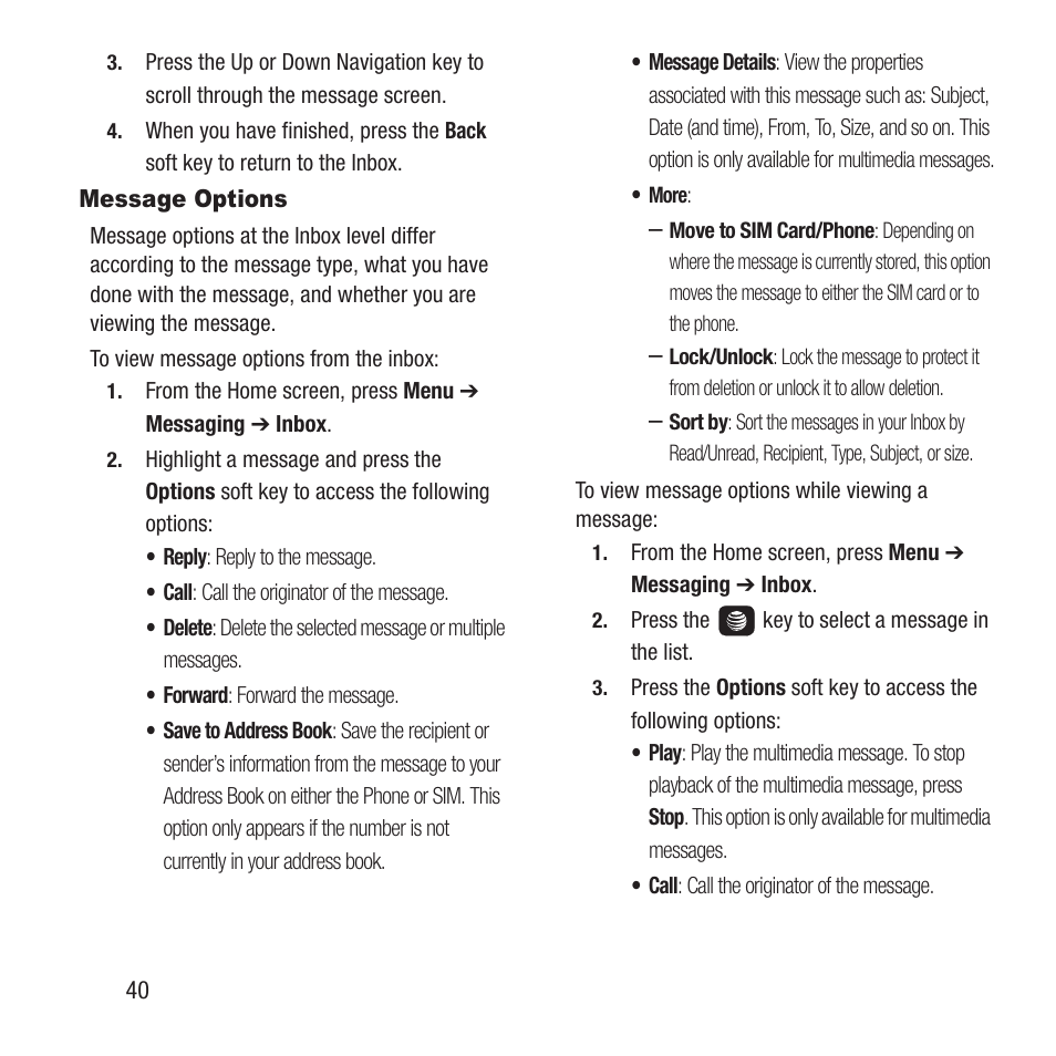 Message options | Samsung SGH-A157ZKAATT User Manual | Page 44 / 136