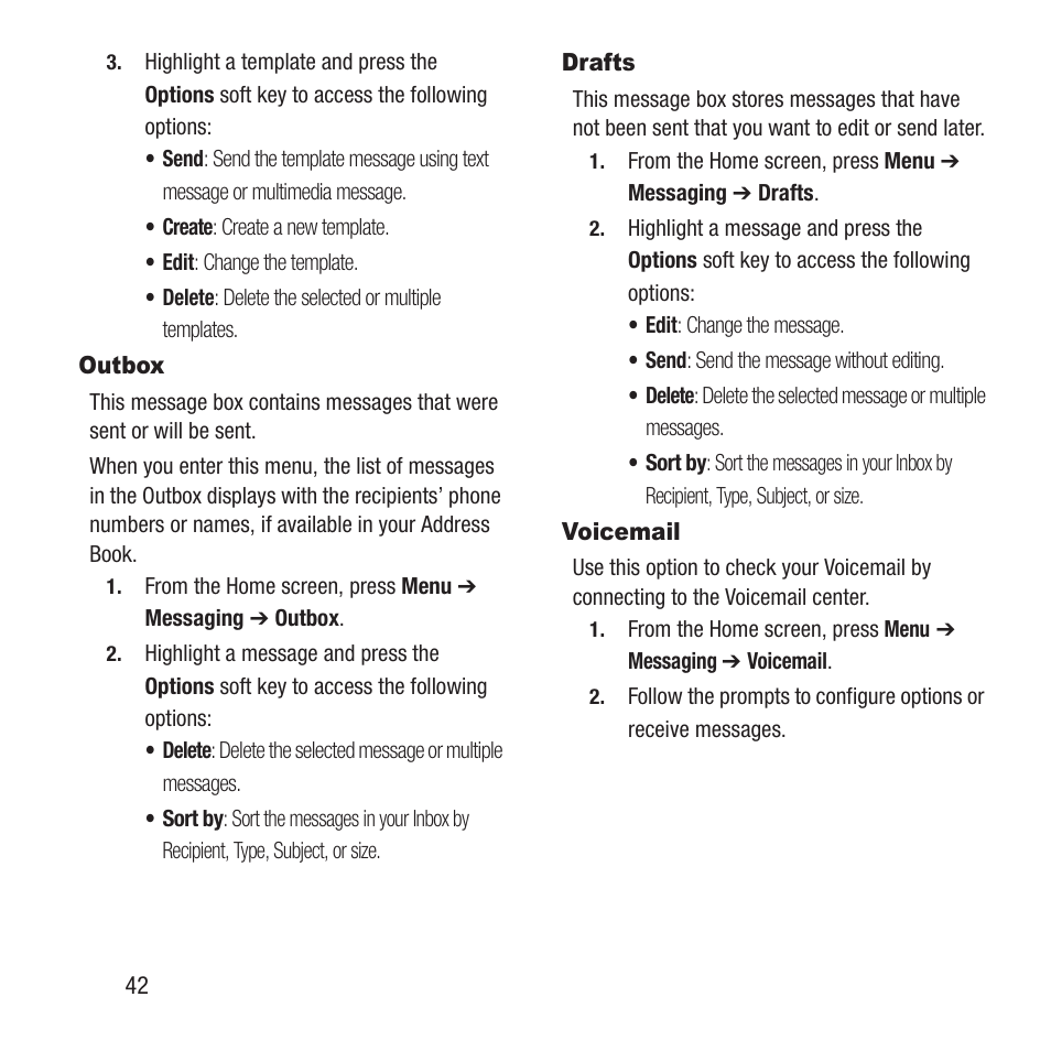 Outbox, Drafts, Voicemail | Outbox drafts voicemail | Samsung SGH-A157ZKAATT User Manual | Page 46 / 136