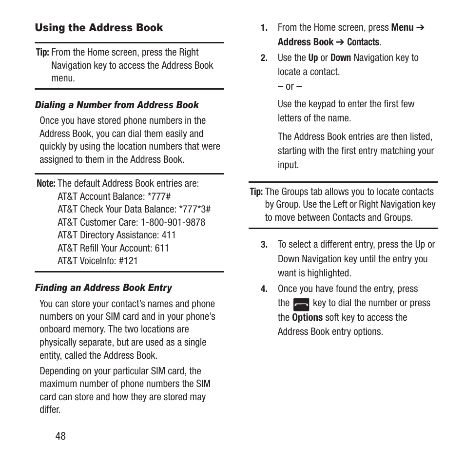Using the address book | Samsung SGH-A157ZKAATT User Manual | Page 52 / 136