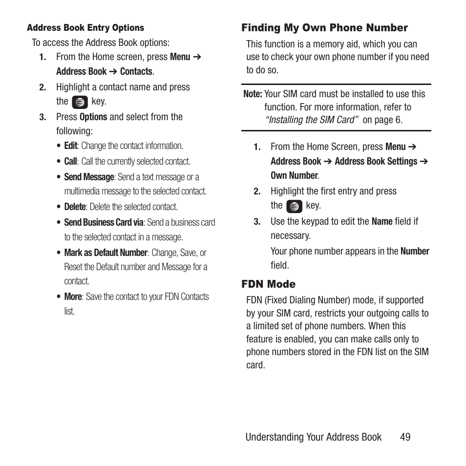 Finding my own phone number, Fdn mode, Finding my own phone number fdn mode | Samsung SGH-A157ZKAATT User Manual | Page 53 / 136