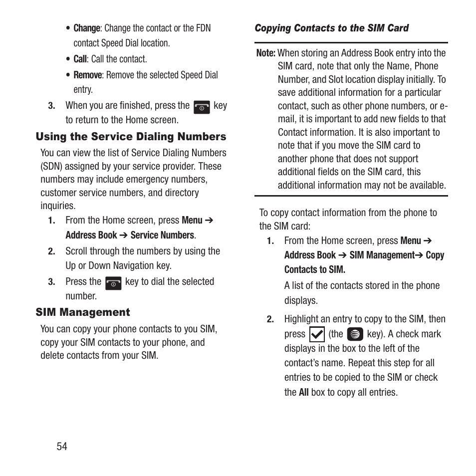 Using the service dialing numbers, Sim management, Using the service dialing numbers sim management | Samsung SGH-A157ZKAATT User Manual | Page 58 / 136