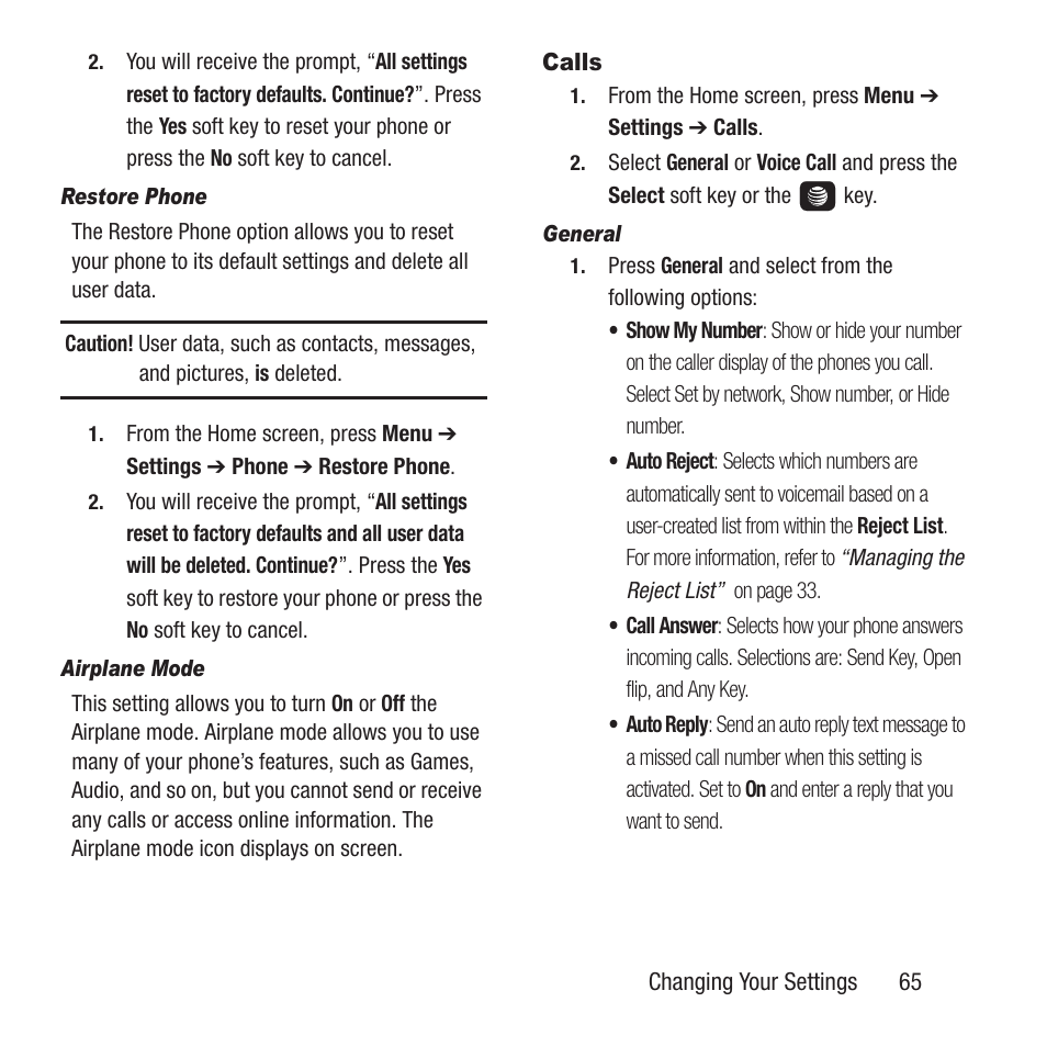 Calls | Samsung SGH-A157ZKAATT User Manual | Page 69 / 136