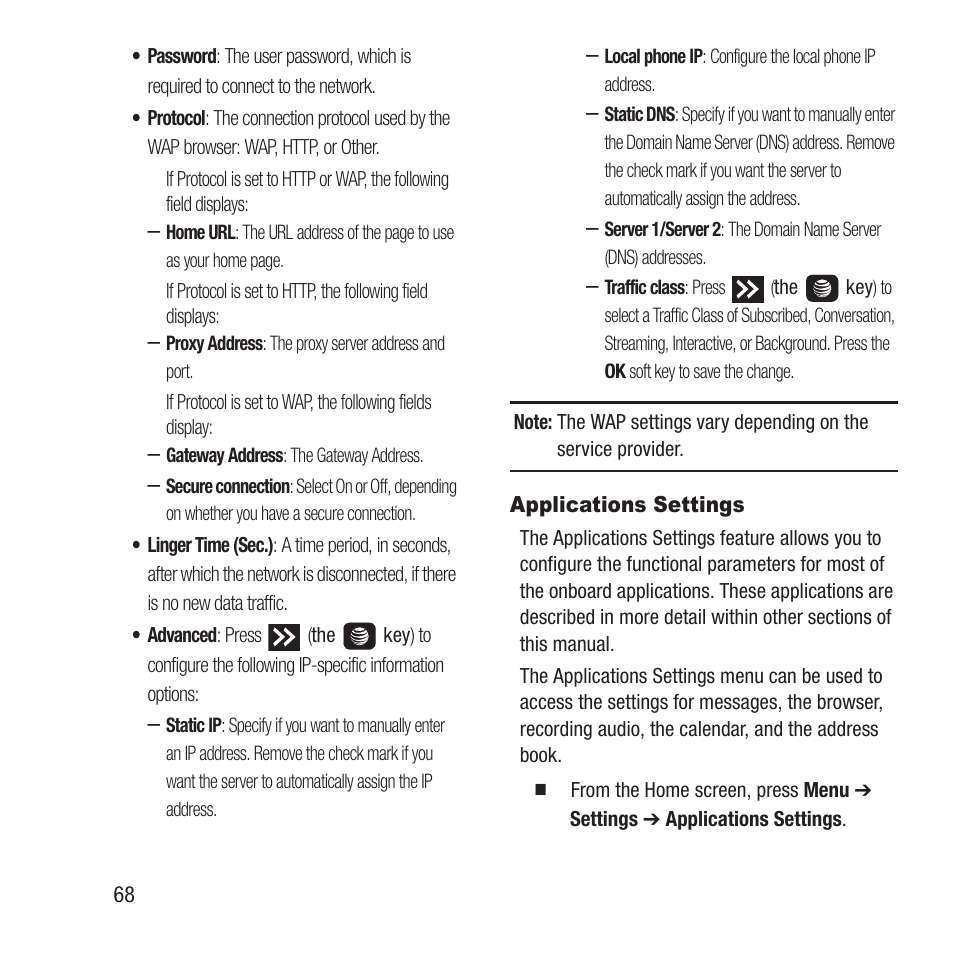 Applications settings | Samsung SGH-A157ZKAATT User Manual | Page 72 / 136