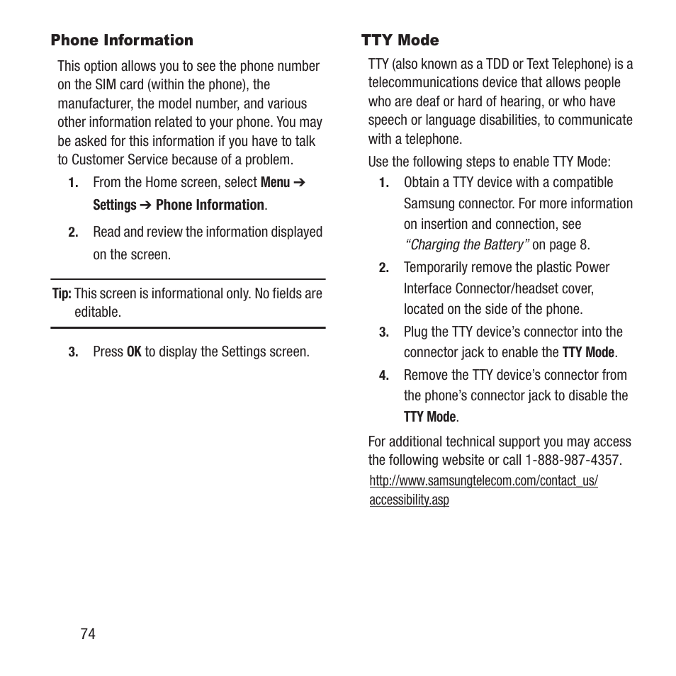 Phone information, Tty mode, Phone information tty mode | Samsung SGH-A157ZKAATT User Manual | Page 78 / 136