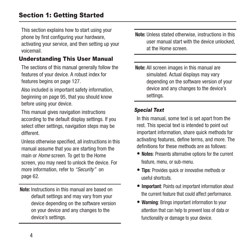 Section 1: getting started, Understanding this user manual | Samsung SGH-A157ZKAATT User Manual | Page 8 / 136