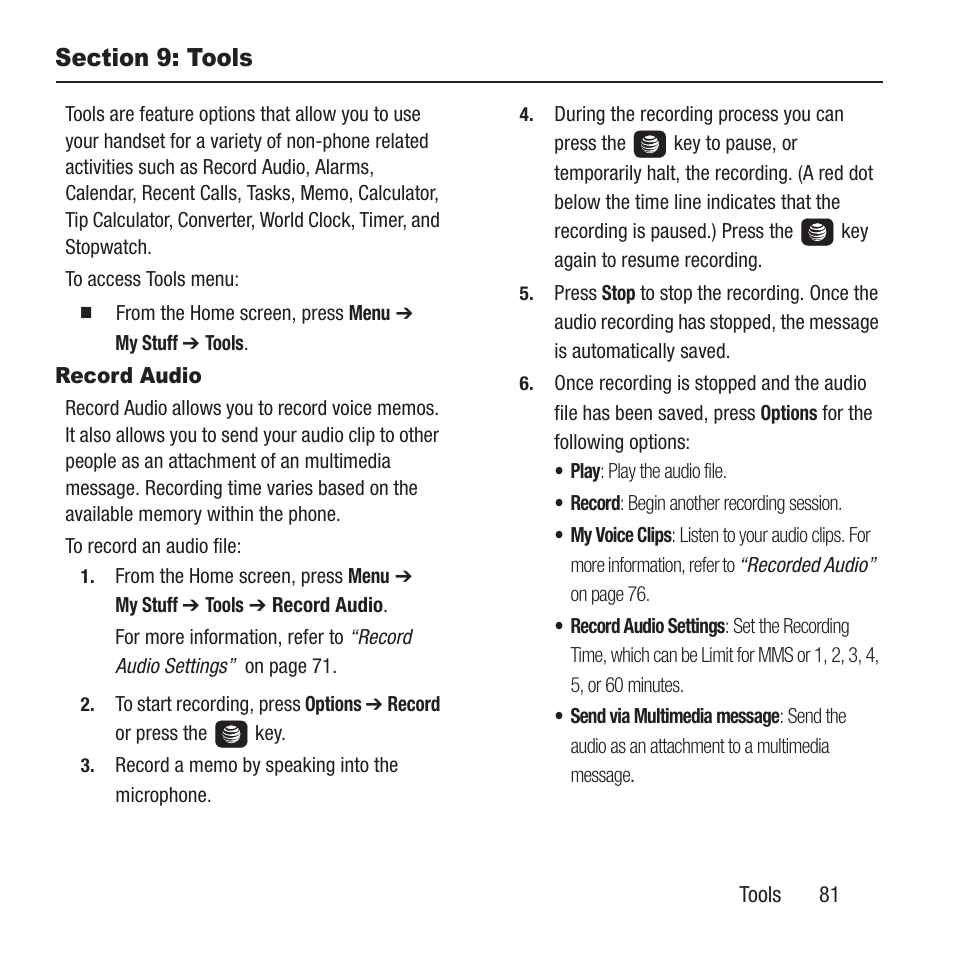 Section 9: tools, Record audio | Samsung SGH-A157ZKAATT User Manual | Page 85 / 136