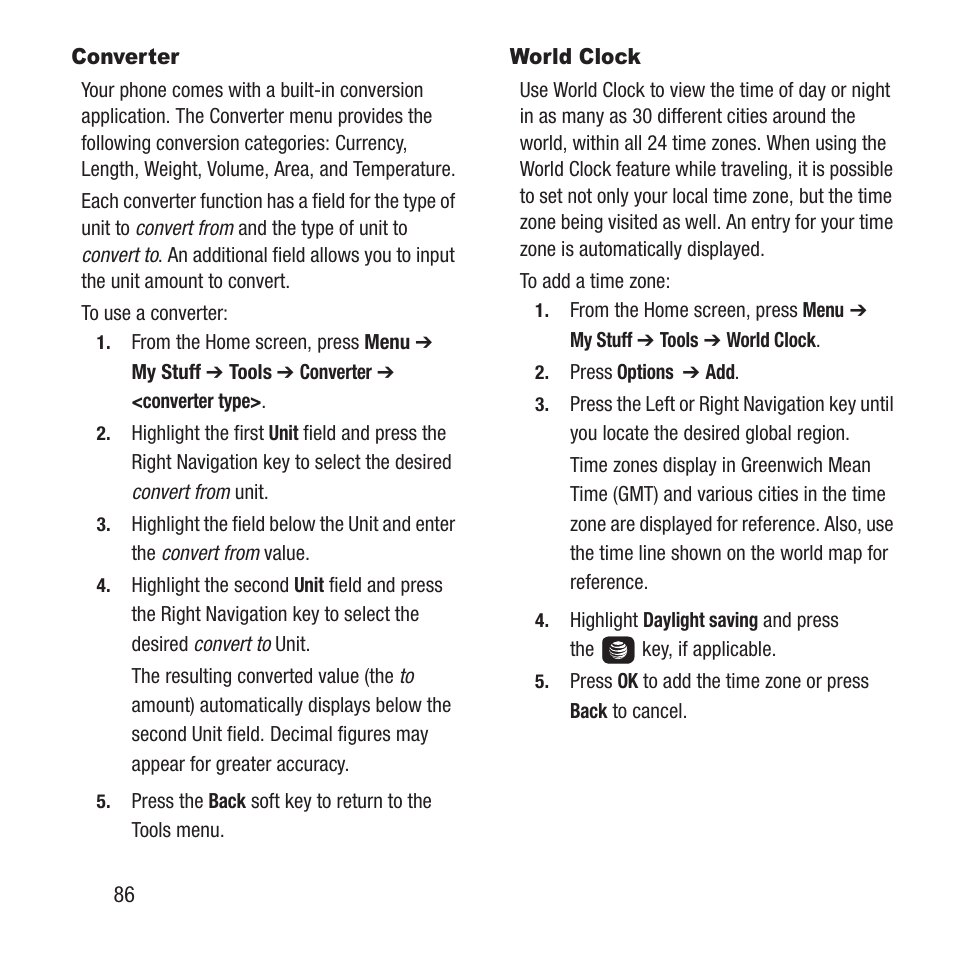 Converter, World clock | Samsung SGH-A157ZKAATT User Manual | Page 90 / 136