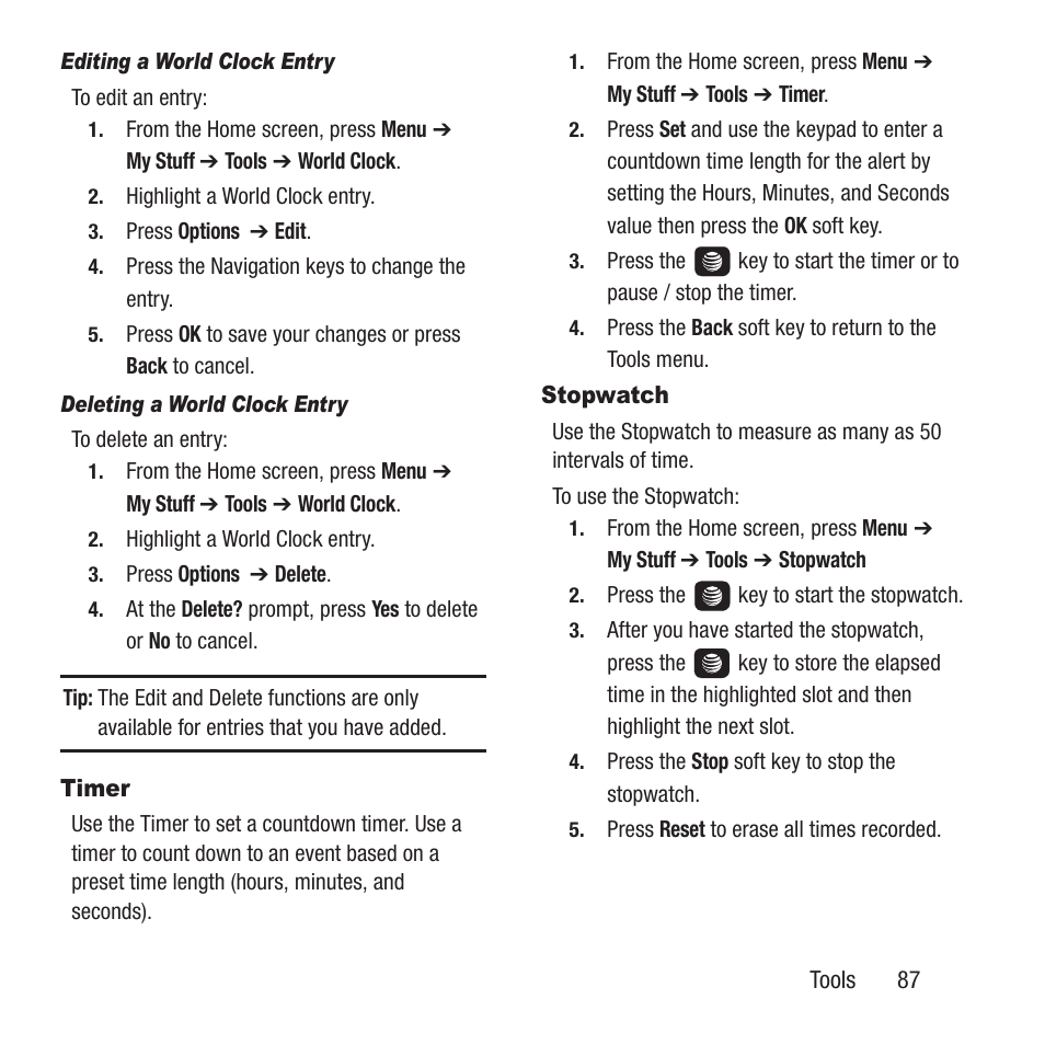 Timer, Stopwatch, Timer stopwatch | Samsung SGH-A157ZKAATT User Manual | Page 91 / 136