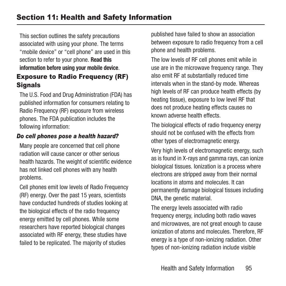 Section 11: health and safety information, Exposure to radio frequency (rf) signals, Section 11: health and safety | Information, Exposure to radio frequency (rf), Signals | Samsung SGH-A157ZKAATT User Manual | Page 99 / 136