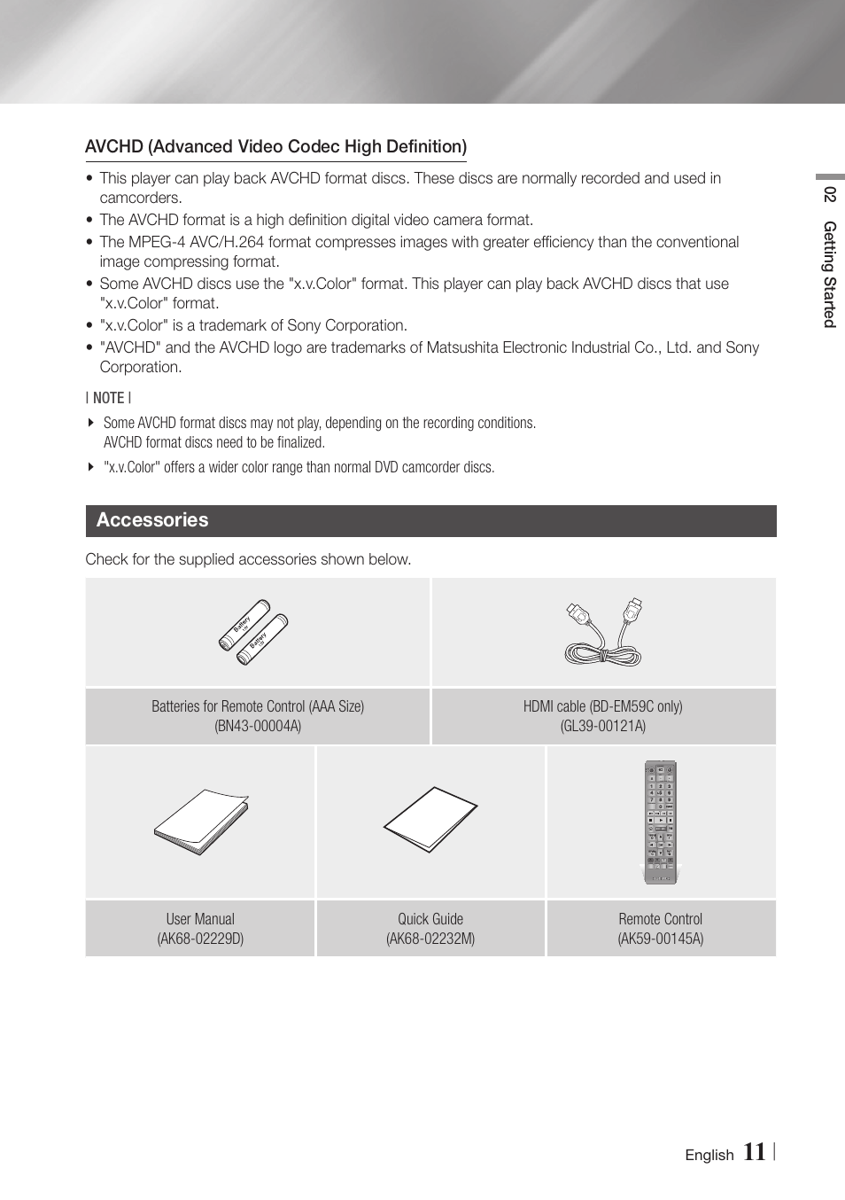 Accessories, 11 accessories, Avchd (advanced video codec high definition) | 02 getting started, English | Samsung BD-EM59C-ZA User Manual | Page 11 / 57