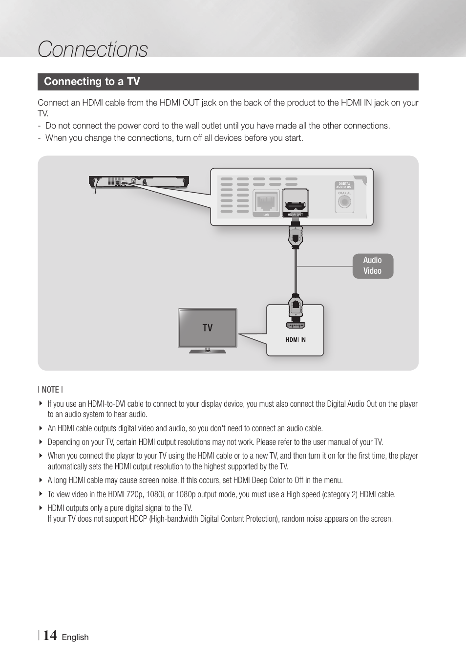 Connections, Connecting to a tv, 14 connecting to a tv | Samsung BD-EM59C-ZA User Manual | Page 14 / 57