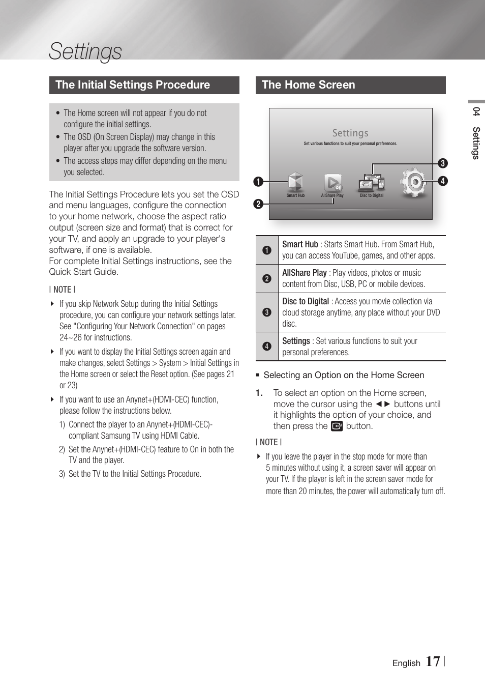 Settings, The initial settings procedure, The home screen | Samsung BD-EM59C-ZA User Manual | Page 17 / 57