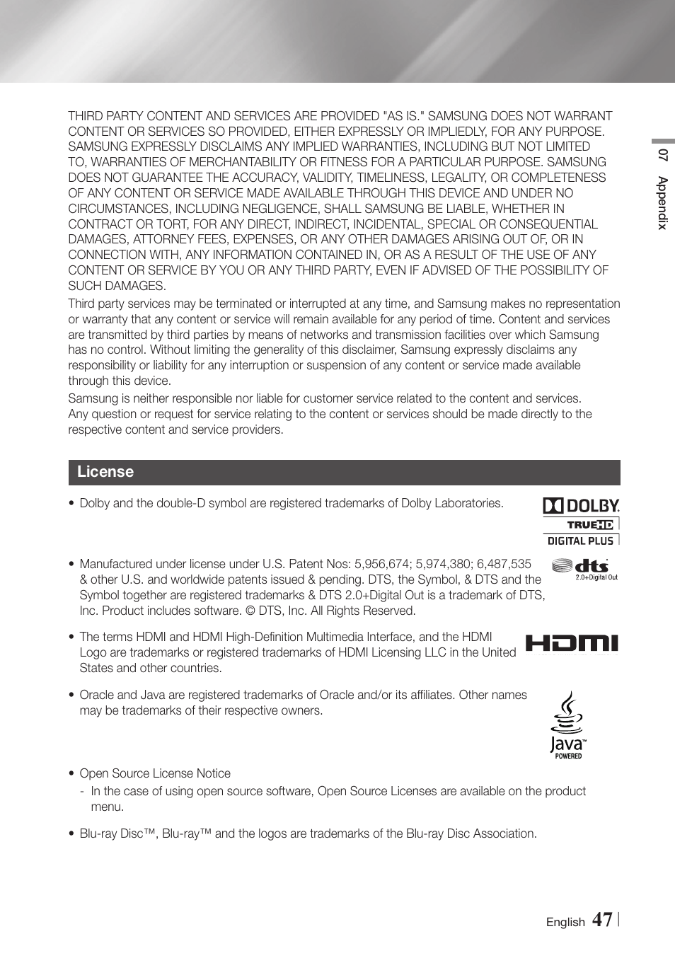 License, 47 license | Samsung BD-EM59C-ZA User Manual | Page 47 / 57