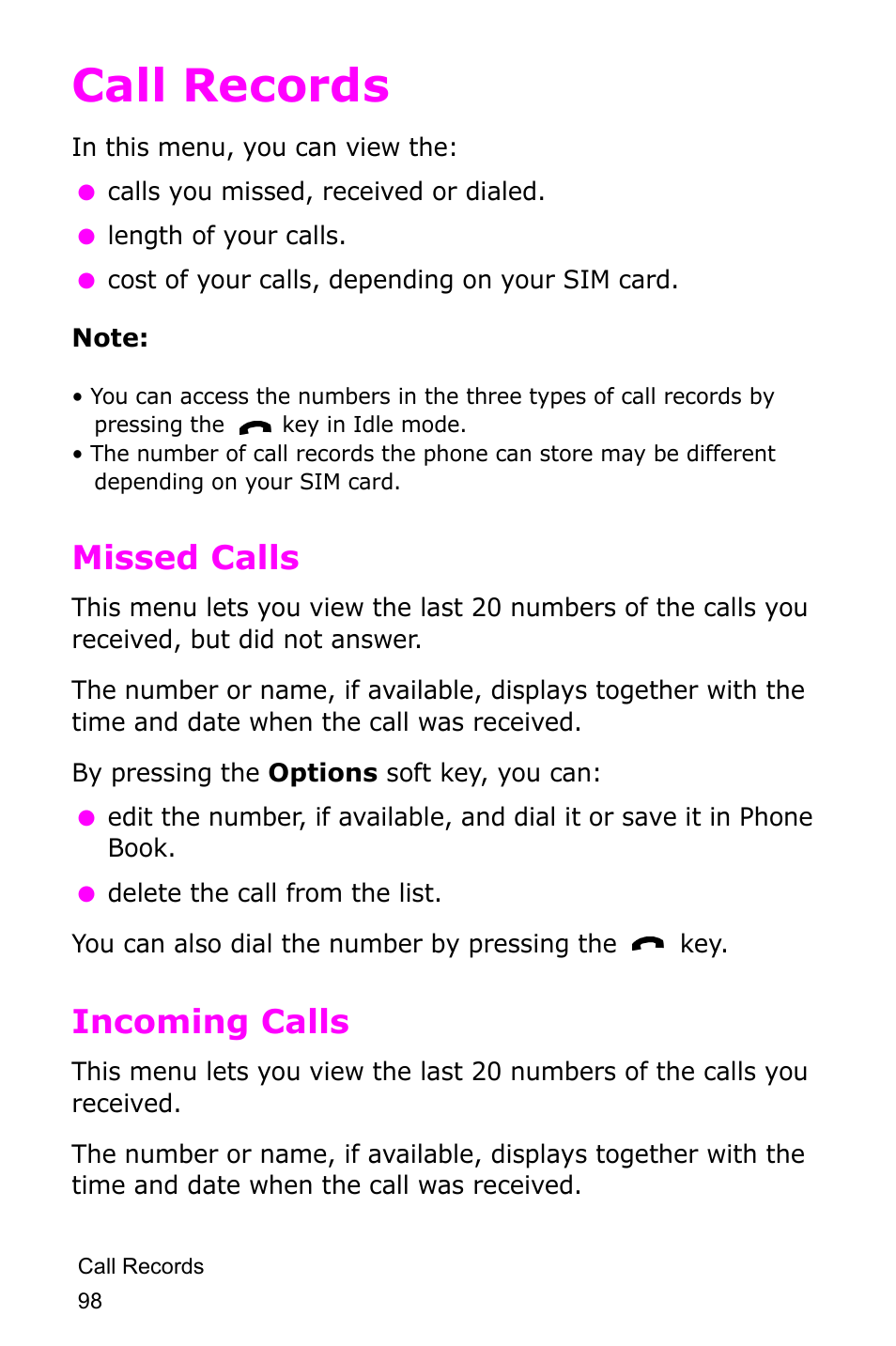 Call records, Missed calls, Incoming calls | Missed calls incoming calls | Samsung SGH-D415MSATMB User Manual | Page 101 / 200