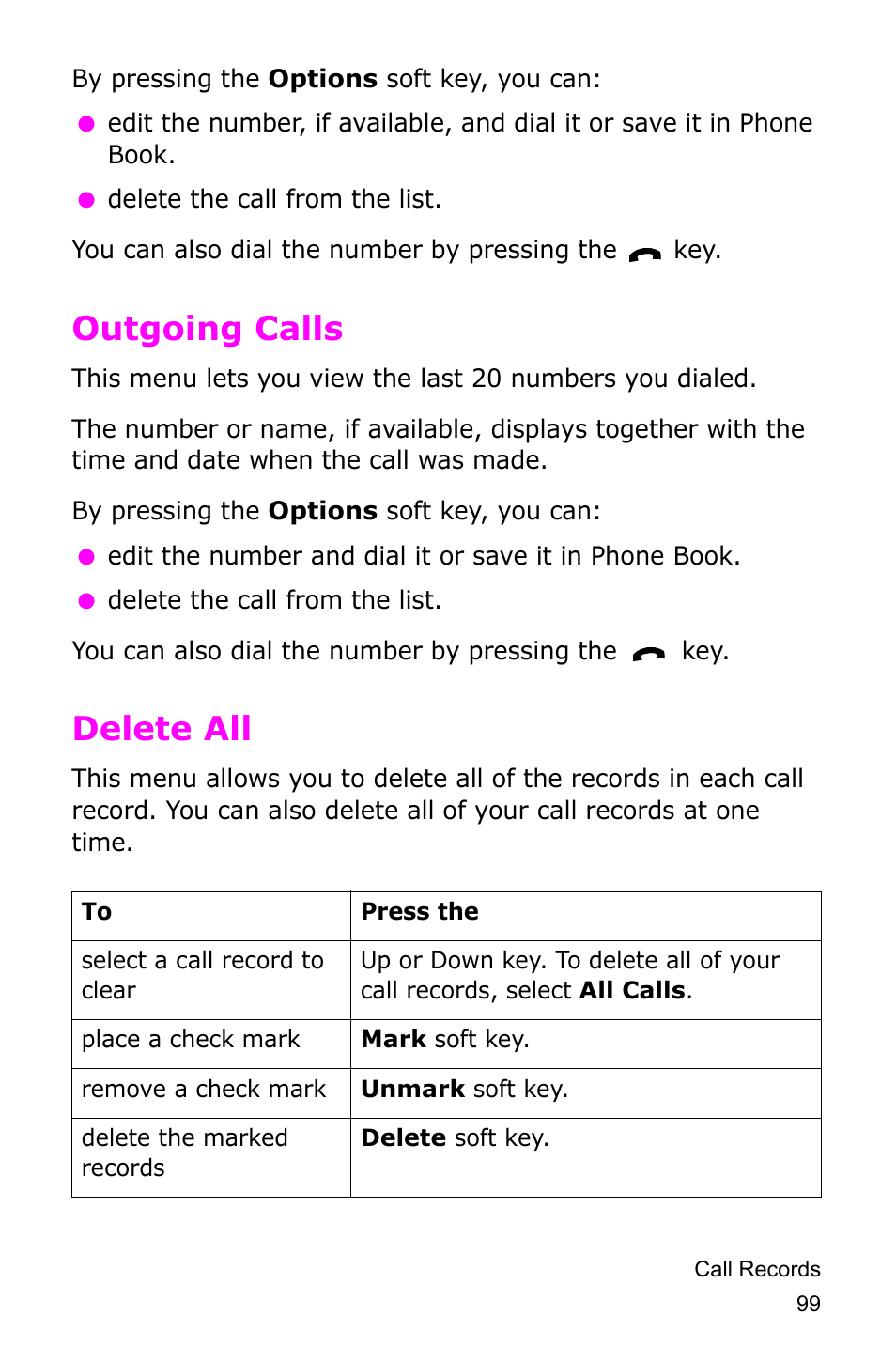 Outgoing calls, Delete all, Outgoing calls delete all | Samsung SGH-D415MSATMB User Manual | Page 102 / 200