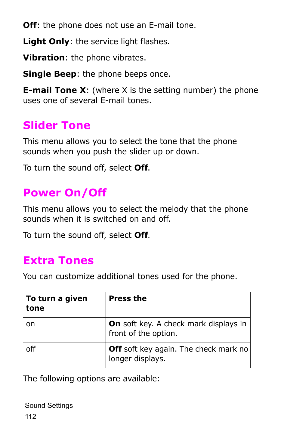 Slider tone, Power on/off, Extra tones | Slider tone power on/off extra tones | Samsung SGH-D415MSATMB User Manual | Page 115 / 200