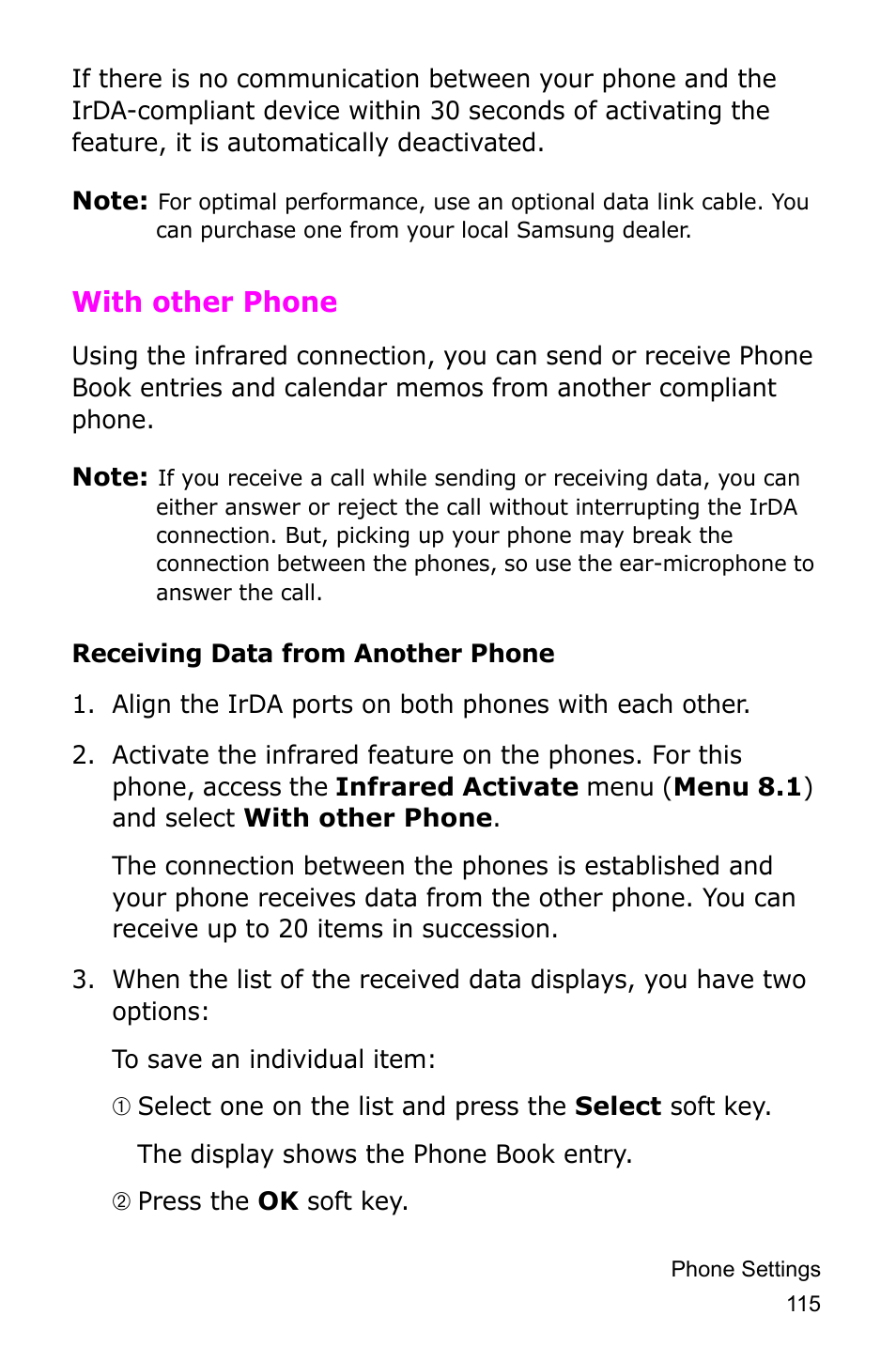 With other phone | Samsung SGH-D415MSATMB User Manual | Page 118 / 200