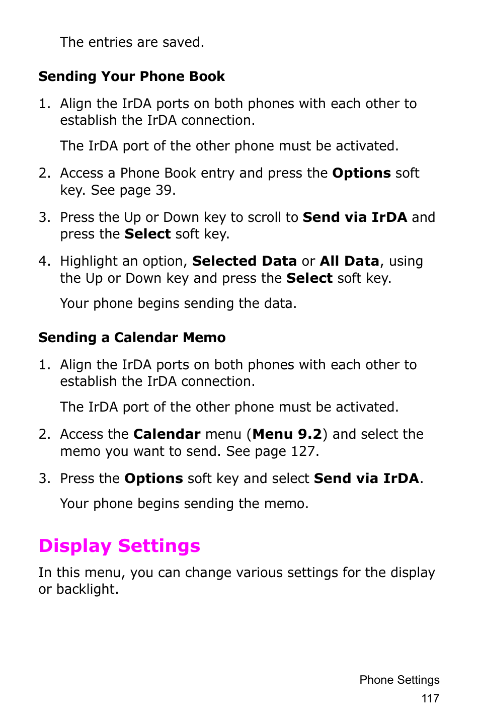 Display settings | Samsung SGH-D415MSATMB User Manual | Page 120 / 200