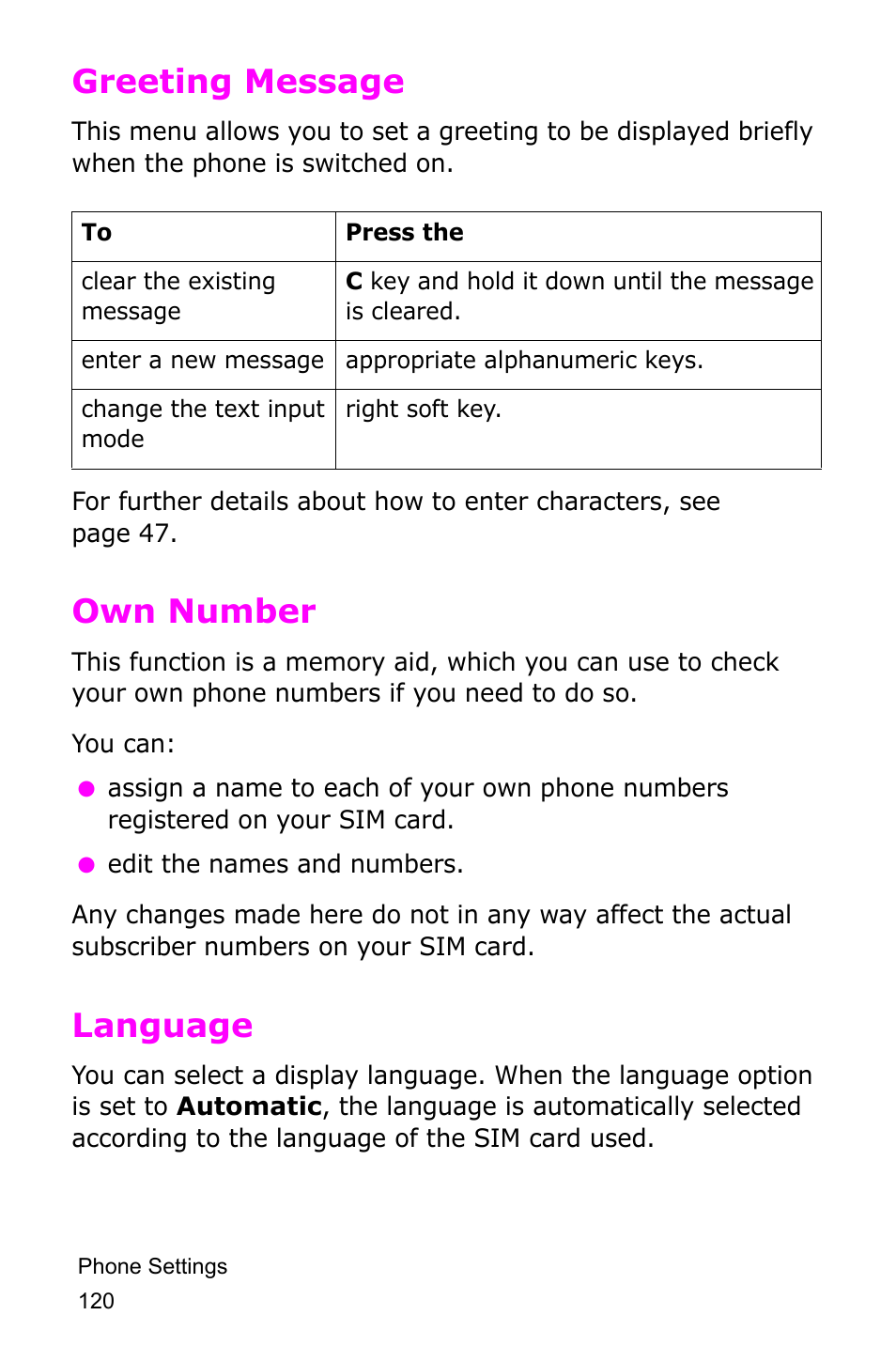 Greeting message, Own number, Language | Greeting message own number language | Samsung SGH-D415MSATMB User Manual | Page 123 / 200
