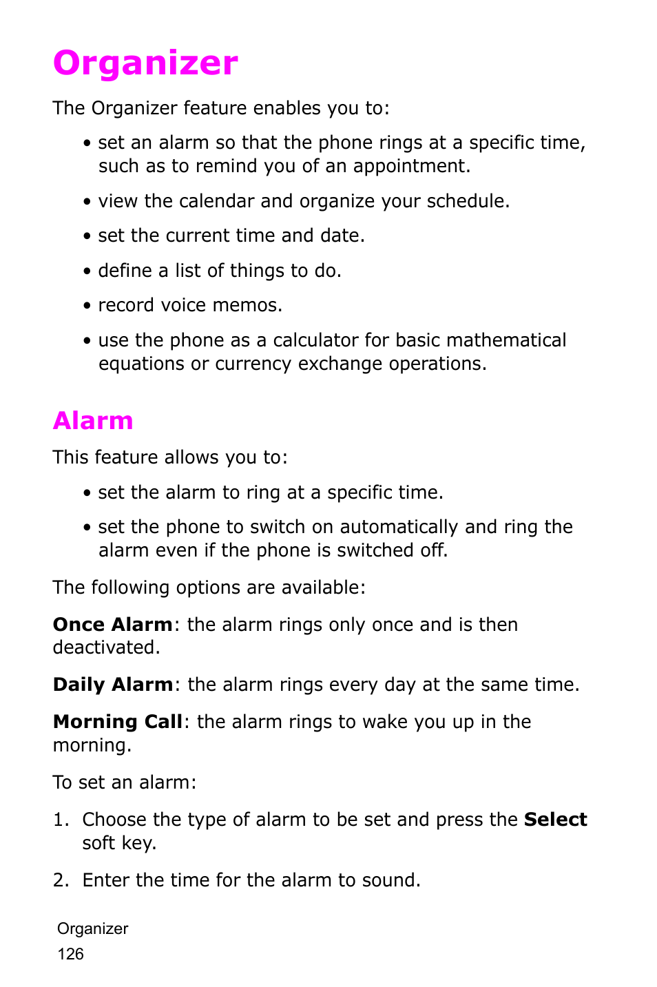 Organizer, Alarm | Samsung SGH-D415MSATMB User Manual | Page 129 / 200